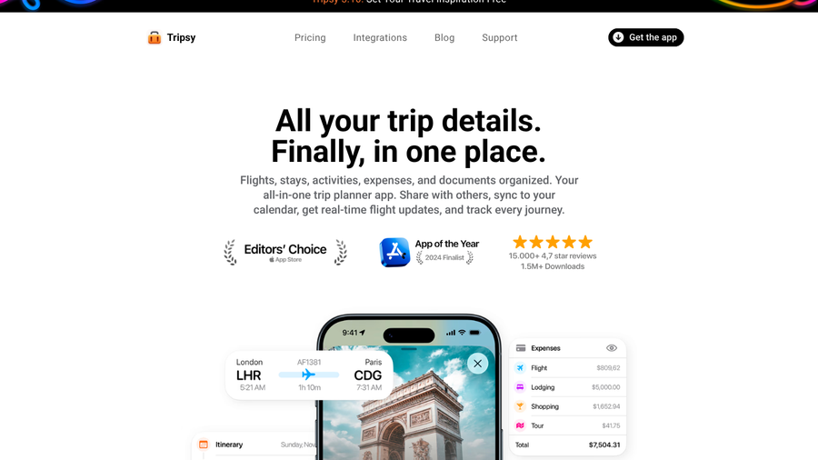 Tripsy homepage with the headline All your trip details. Finally, in one place. above an app preview showing a London to Paris flight and trip expenses