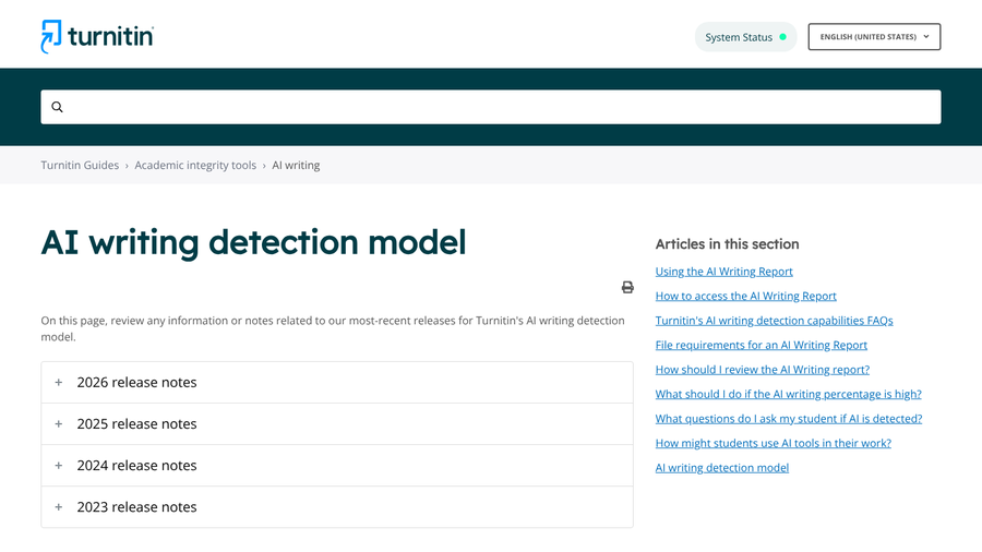 Turnitin Guides page titled AI writing detection model with release notes for 2023 through 2026