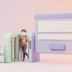 Soft 3D clay render of a person with a coffee cup walking through a mint turnstile gate in front of a floating web form card while a small robot waits beside it