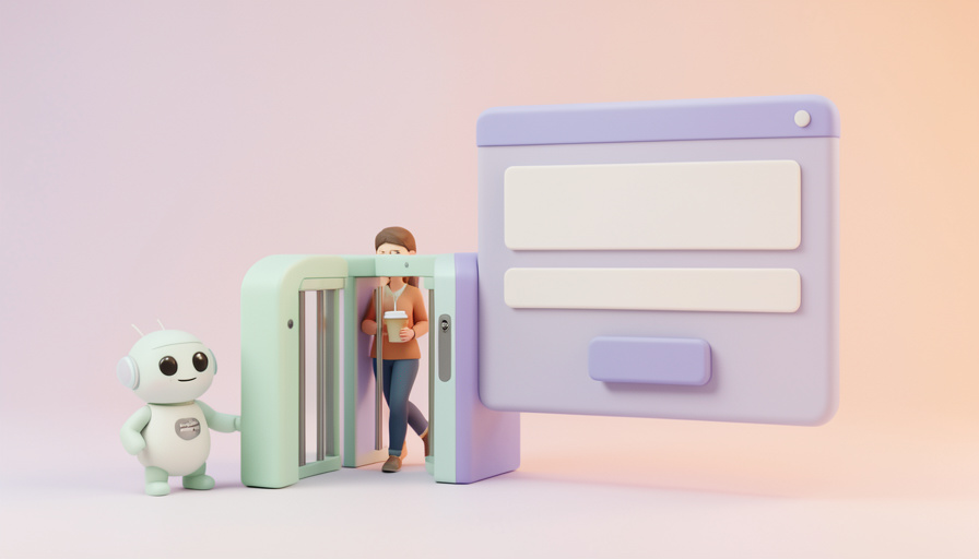 Soft 3D clay render of a person with a coffee cup walking through a mint turnstile gate in front of a floating web form card while a small robot waits beside it