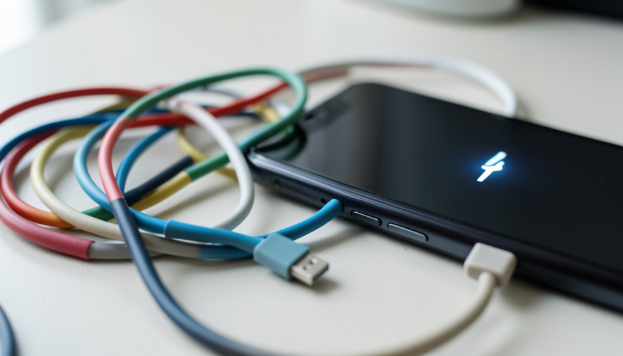 A tangle of different USB-C cables next to a phone showing a charging icon, illustrating cables that charge slowly or not at all