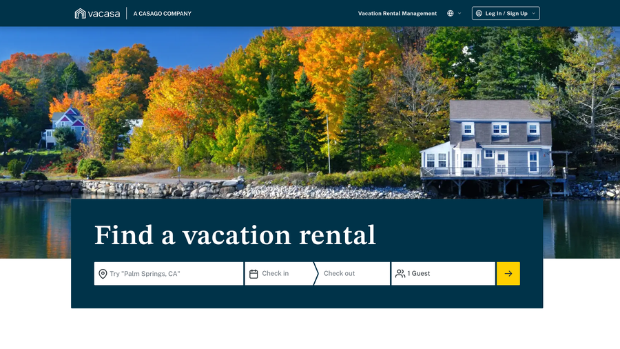 Vacasa homepage, labeled a Casago company, with a lakeside vacation home and a Find a vacation rental search bar