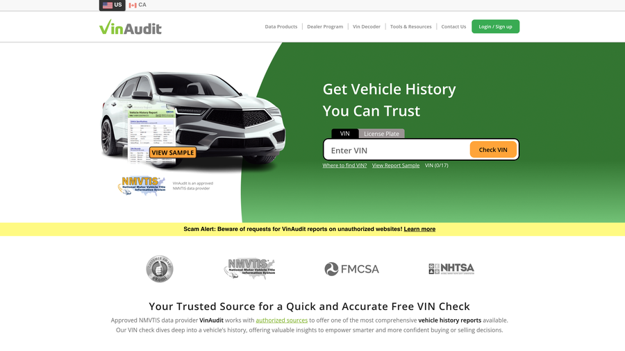 VinAudit homepage with a VIN search box and the approved NMVTIS data provider badge