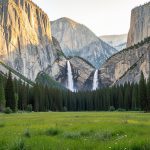 A crowd-free Yosemite valley with towering granite cliffs, waterfalls, pine forest, and a green meadow