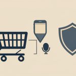 Illustration of a shopping cart linked to a phone, location pin, and microphone beside a privacy shield