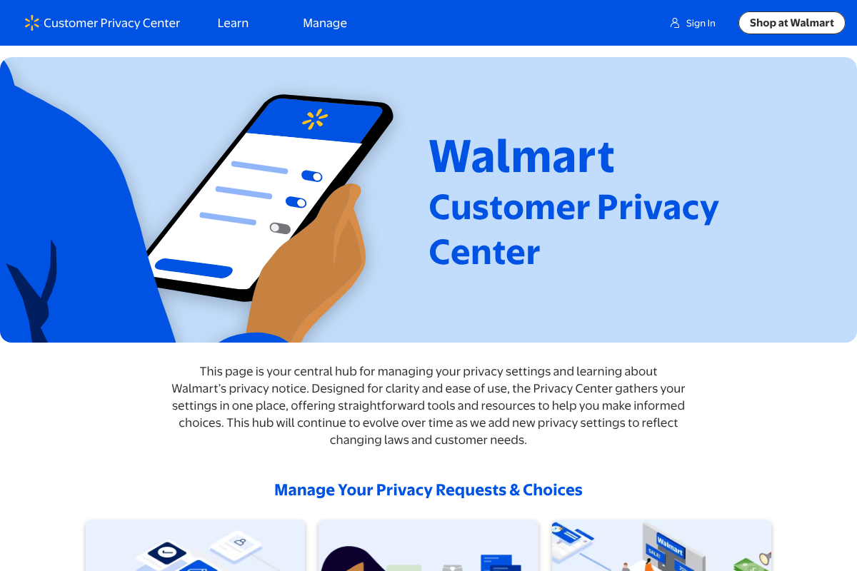 Walmart Customer Privacy Center page showing tools to manage privacy requests and choices