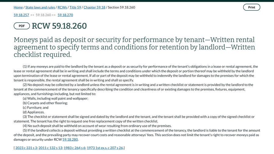 Washington RCW 59.18.260 requiring a signed written move-in checklist before a landlord can collect a deposit