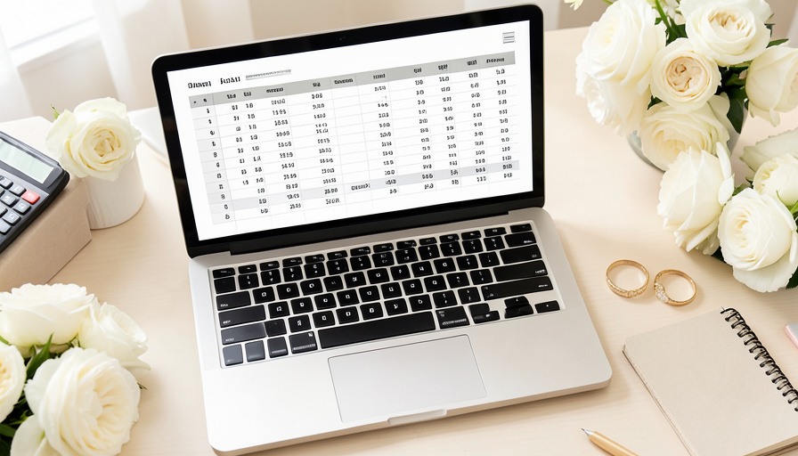 A wedding planning desk with a laptop showing an abstract budget spreadsheet, a calculator, rings, and flowers