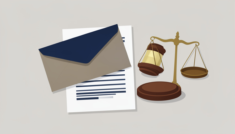 Illustration of a mail ballot envelope over a document with a gavel and scales of justice, in muted tones