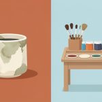 Illustration of a ceramic mug on one side and a studio glaze station on the other, split by a dividing line