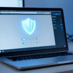 A laptop showing an abstract security settings screen with a shield icon, representing Windows 11 Core Isolation and Memory Integrity