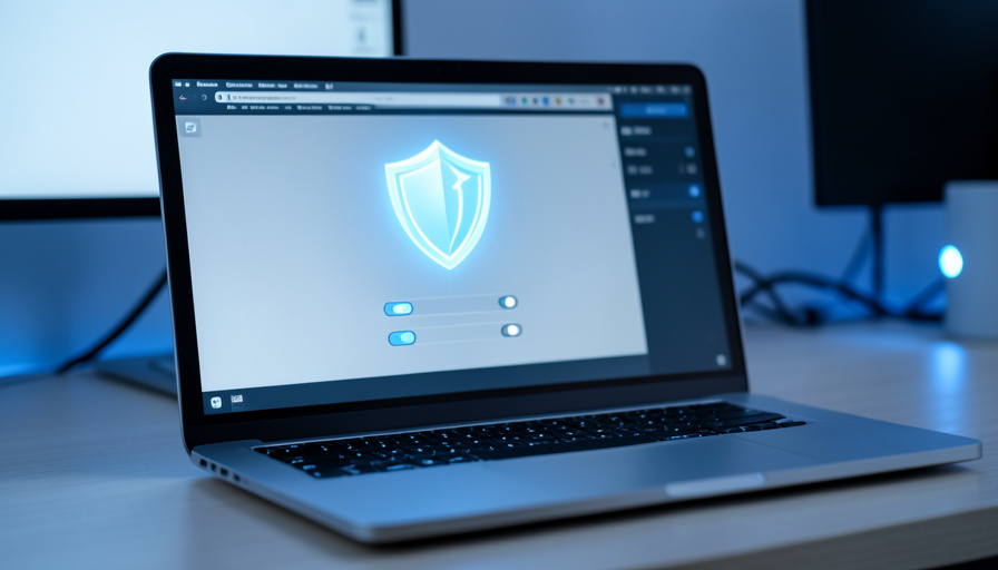 A laptop showing an abstract security settings screen with a shield icon, representing Windows 11 Core Isolation and Memory Integrity