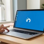 A laptop showing a Windows update progress screen paused with an error, next to a person about to troubleshoot