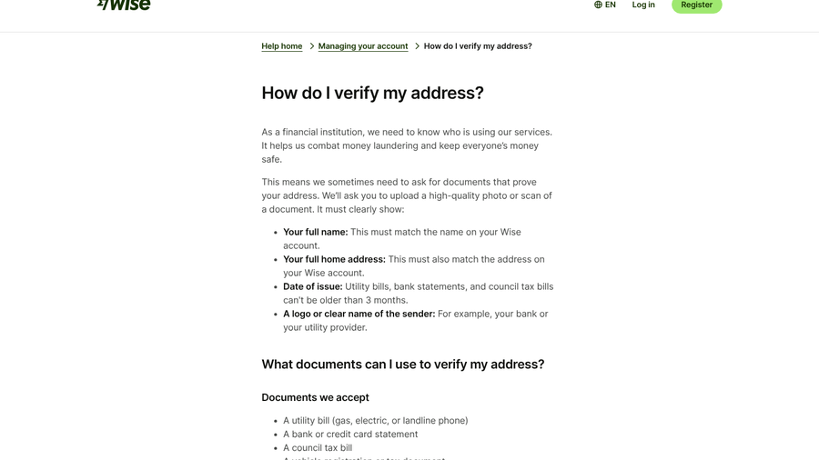 Wise help page How do I verify my address listing accepted documents such as utility bills, bank statements and rental agreements
