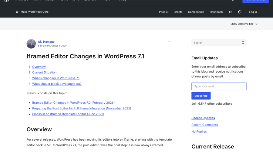 Make WordPress Core developer note titled Iframed Editor Changes in WordPress 7.1, dated August 3, 2026