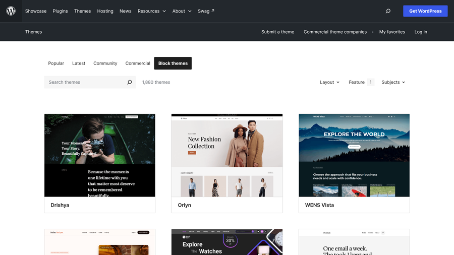 WordPress.org theme directory filtered to Block themes, listing 1,880 themes including Drishya, Orlyn and WENS Vista