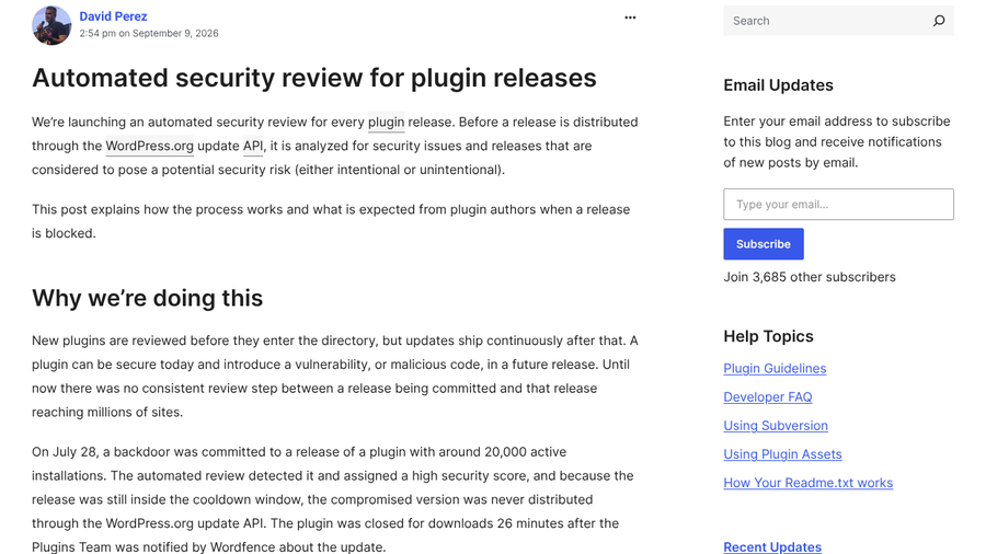 Make WordPress Plugins post dated September 9, 2026 announcing automated security review for plugin releases