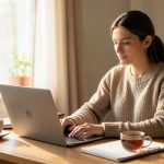A person working calmly at a tidy home desk with a laptop, a notebook, and a cup of tea by a window