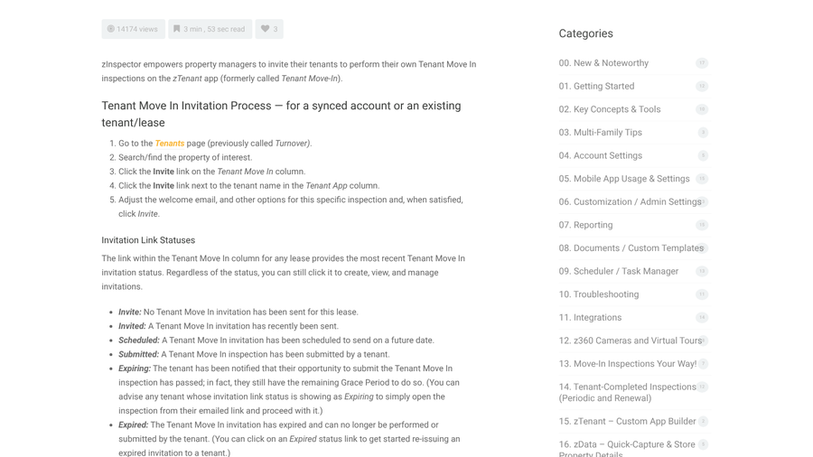 zInspector support article on Tenant Move In inspections listing invitation statuses from Invited to Expired